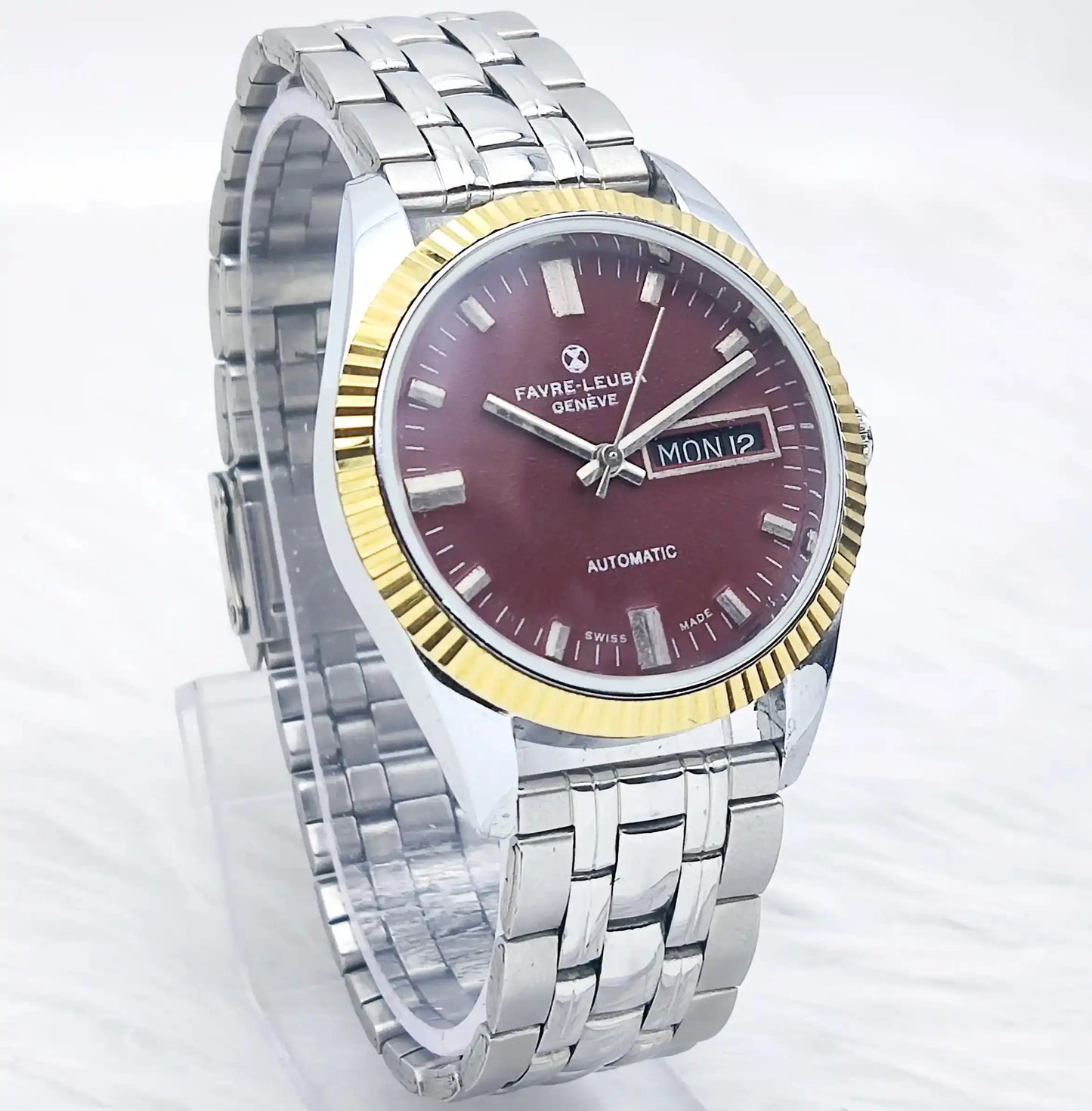 Favre Leuba Geneve Automatic 2066 Day Date Maroon Dial 17 Jewels - Discover-Diamonds