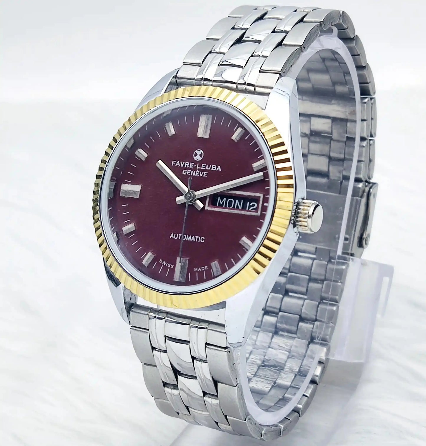 Favre Leuba Geneve Automatic 2066 Day Date Maroon Dial 17 Jewels - Discover-Diamonds