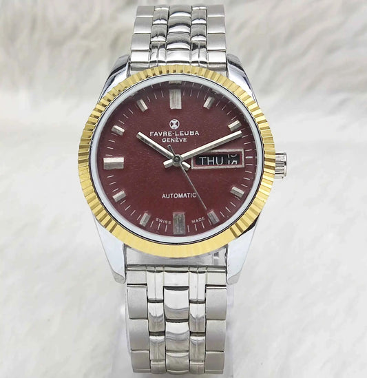 Favre Leuba Geneve Automatic 2066 with Maroon Dial, Stick Indices and Day Date Features