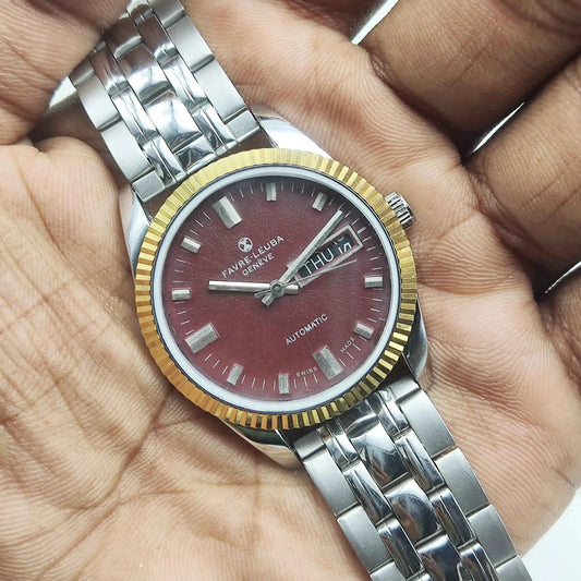 Favre Leuba Geneve Automatic 2066 with Maroon Dial, Stick Indices and Day Date Features