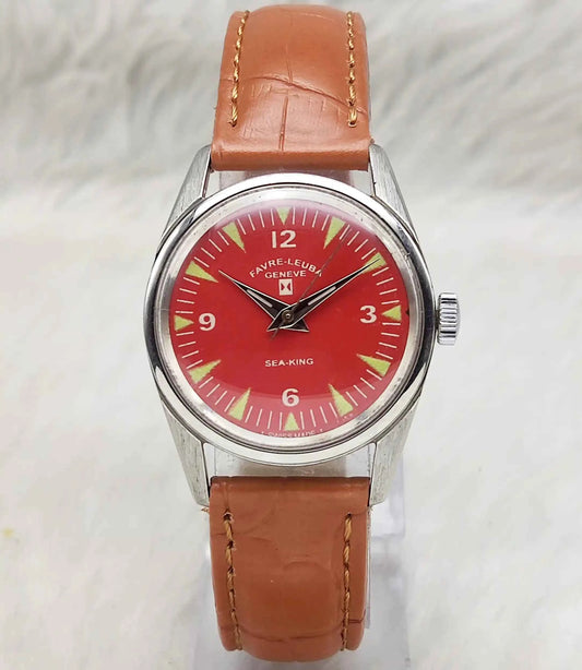 Favre Leuba Geneve 17 Jewels English Numerals Indices Seaking Red Dial