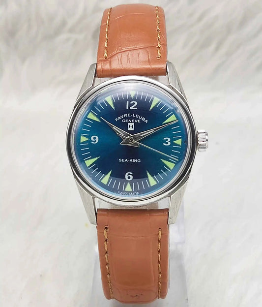 Favre Leuba Geneve Seaking 17 Jewels Bluish Dial English Numerals Indices