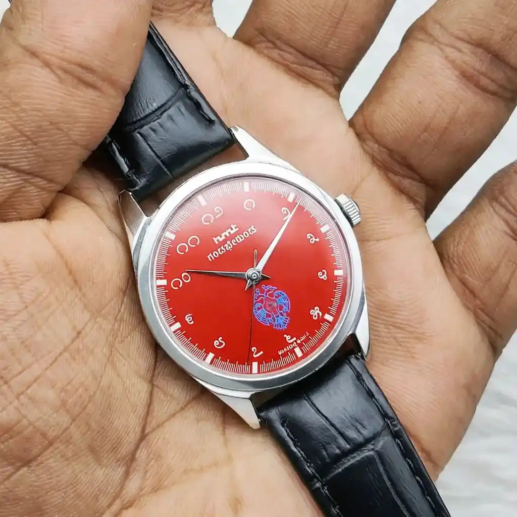 HMT Gandaberunda Kannada Numerals Red Dial Para Shock 17 Jewels 0231 Discover-Diamonds Physical