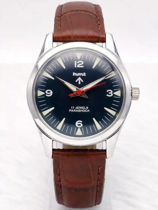 HMT Handwinding 0231 Para Shock 17 Jewels Black Dial Transparent Back Discover-Diamonds Physical