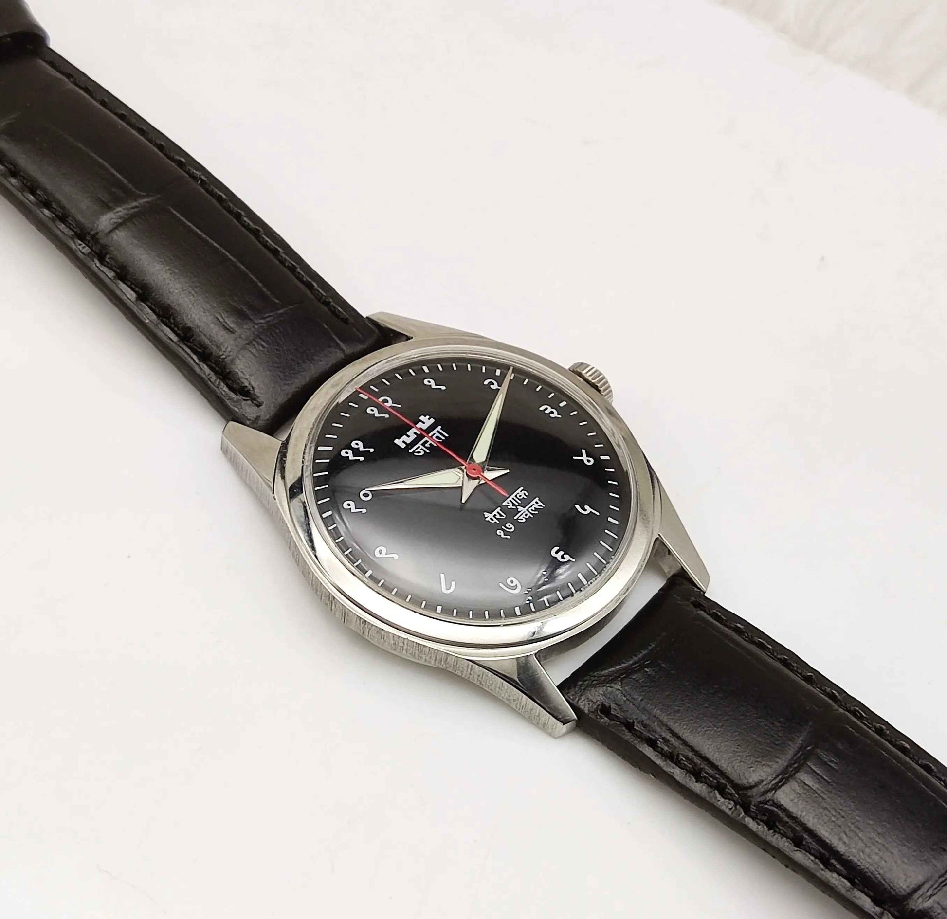 HMT Janata Devanagari Font Handwinding 17 Jewels Men's Watch Black Dial Transparent Back