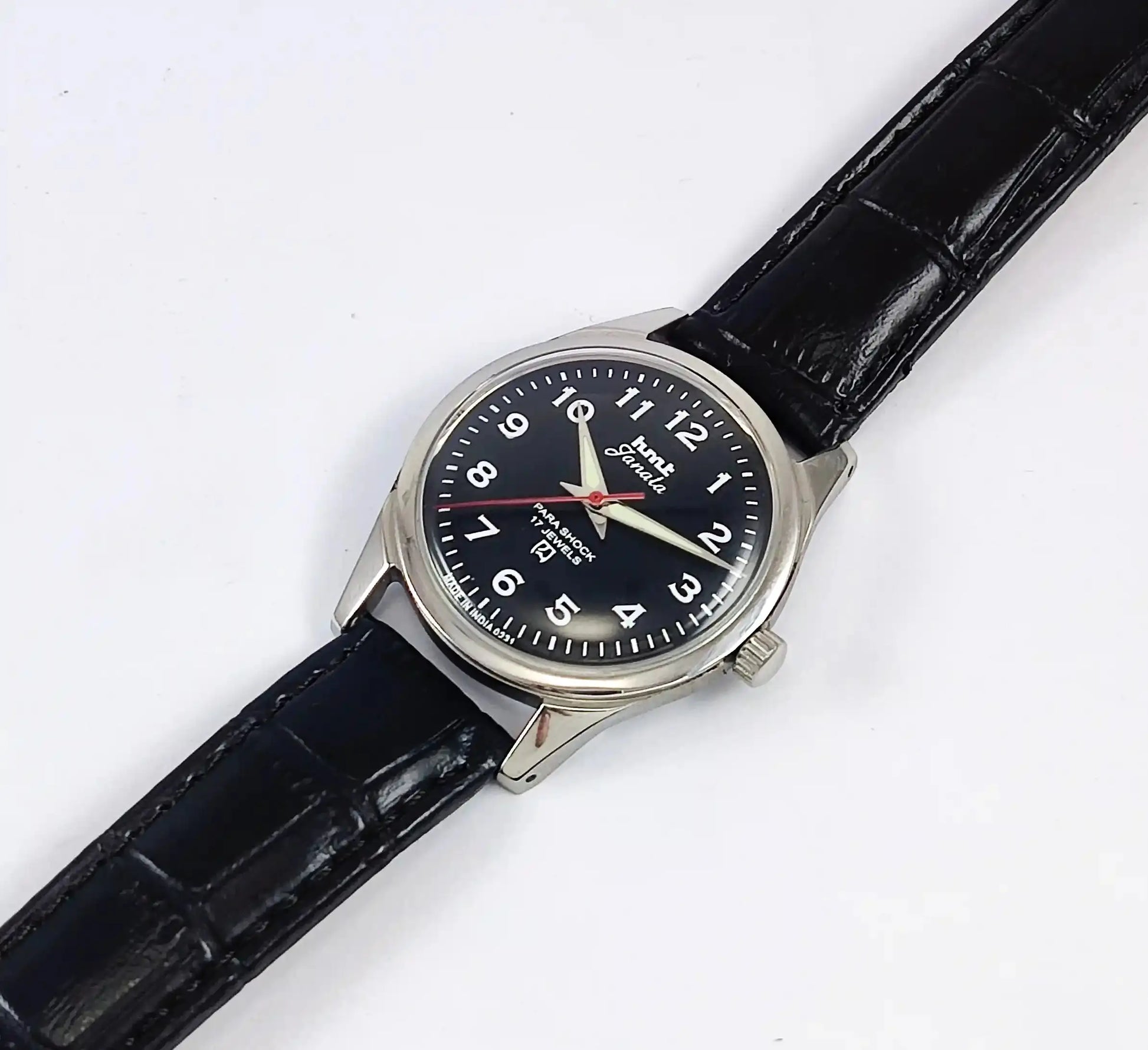 HMT Janata English Numerals Black Dial Para Shock 17 Jewels Discover-Diamonds Physical