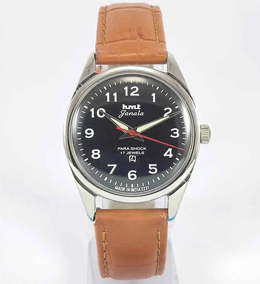 HMT Janata English Numerals Black Dial Para Shock 17 Jewels Mechanical Handwinding