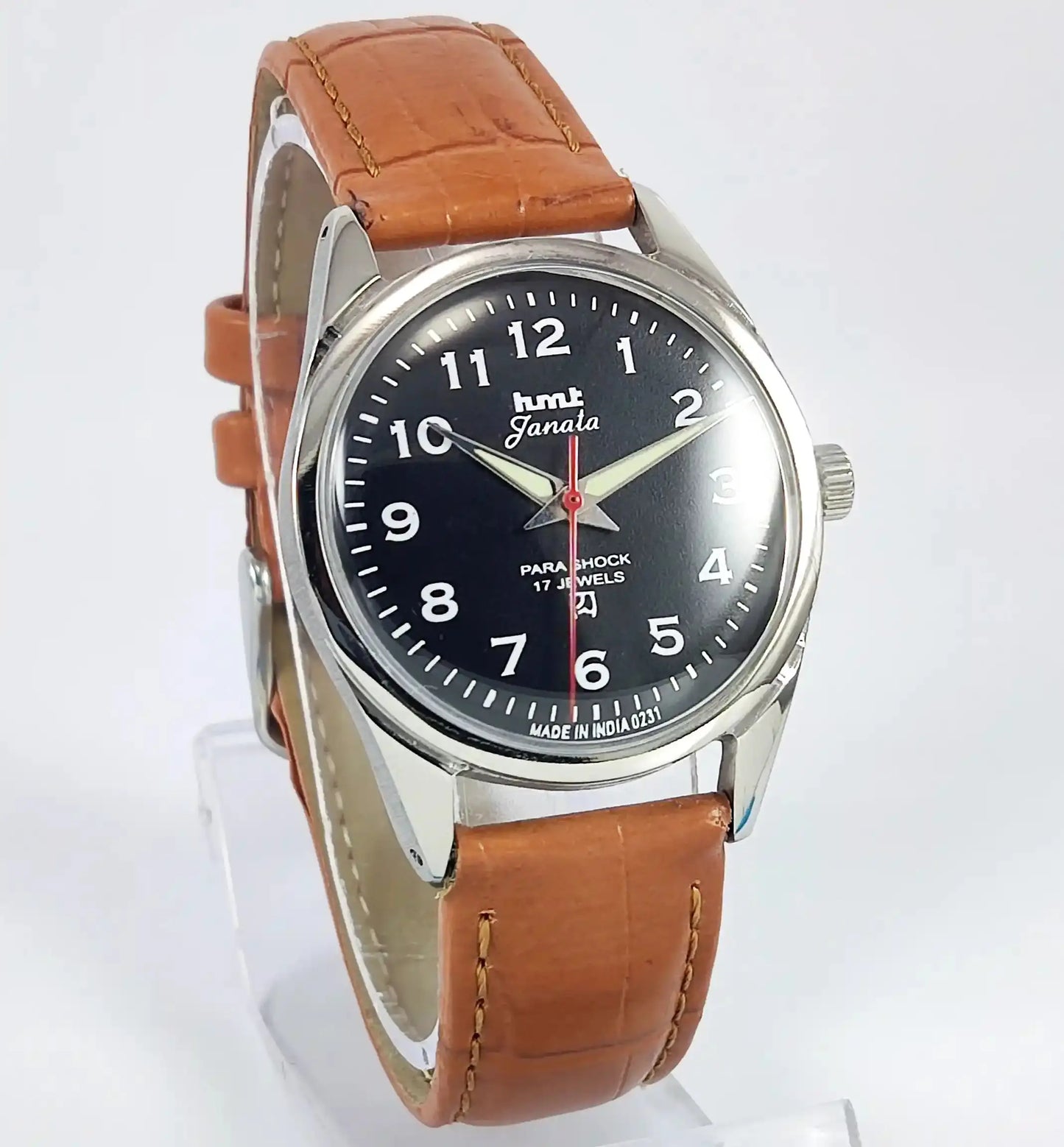 HMT Janata English Numerals Black Dial Para Shock 17 Jewels Mechanical Handwinding - Discover-Diamonds