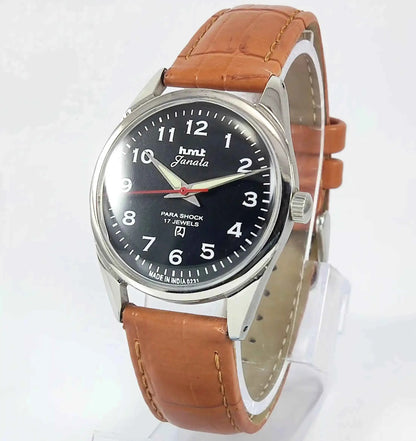 HMT Janata English Numerals Black Dial Para Shock 17 Jewels Mechanical Handwinding