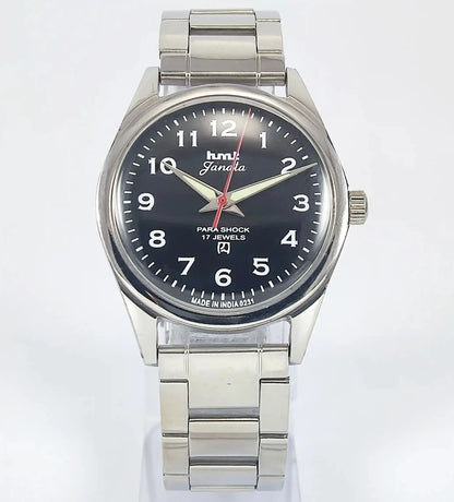 HMT Janata English Numerals Black Dial Para Shock 17 Jewels Mechanical Handwinding Watch Discover-Diamonds Physical