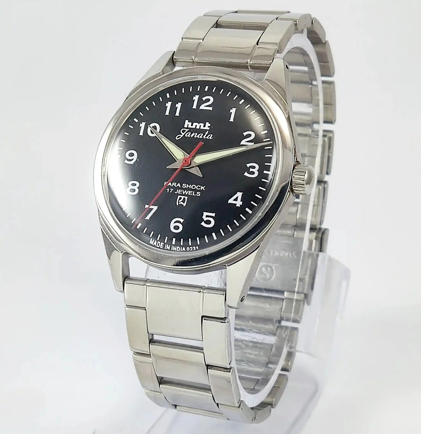HMT Janata English Numerals Black Dial Para Shock 17 Jewels Mechanical Handwinding Watch Discover-Diamonds Physical