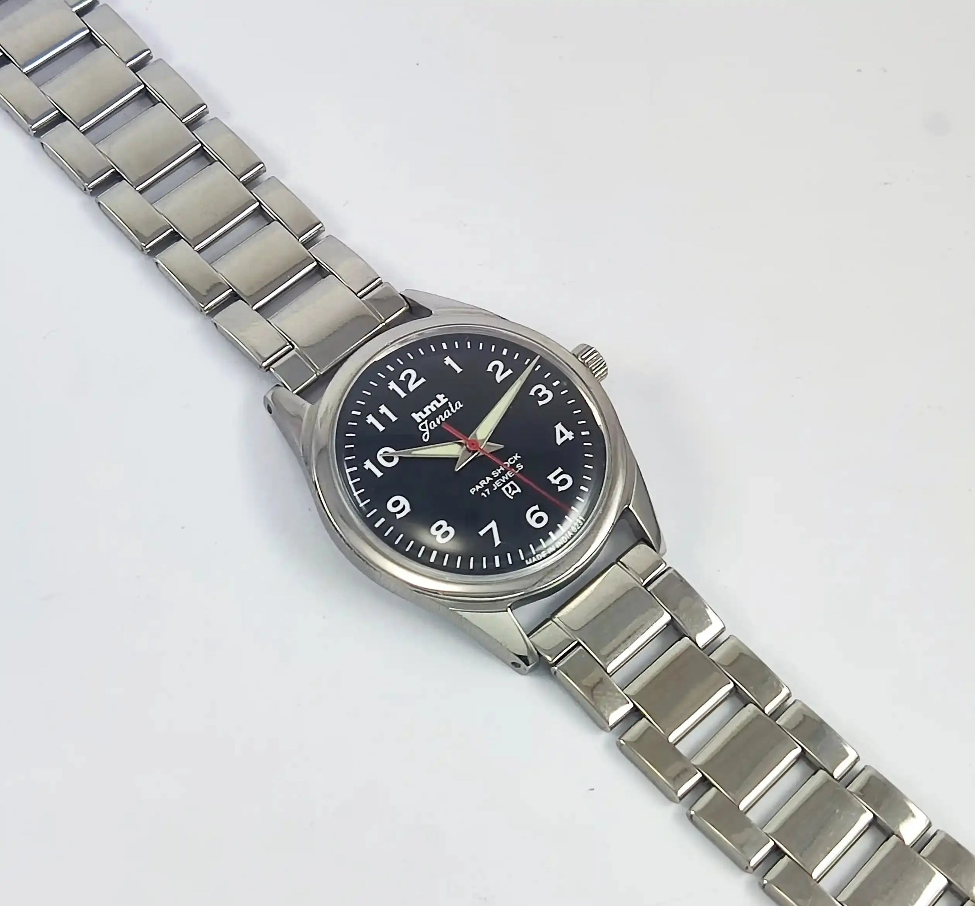 HMT Janata English Numerals Black Dial Para Shock 17 Jewels Mechanical Handwinding Watch Discover-Diamonds Physical