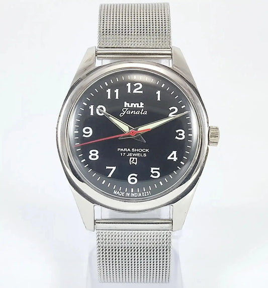 HMT Janata English Numerals Handwinding Black Dial Para Shock 17 Jewels Discover-Diamonds Physical