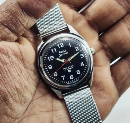 HMT Janata English Numerals Handwinding Black Dial Para Shock 17 Jewels Discover-Diamonds Physical