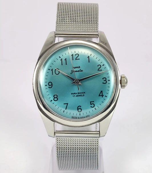 HMT Janata English Numerals Tiffany Blue Para Shock 17 Jewels Watch Discover-Diamonds Physical