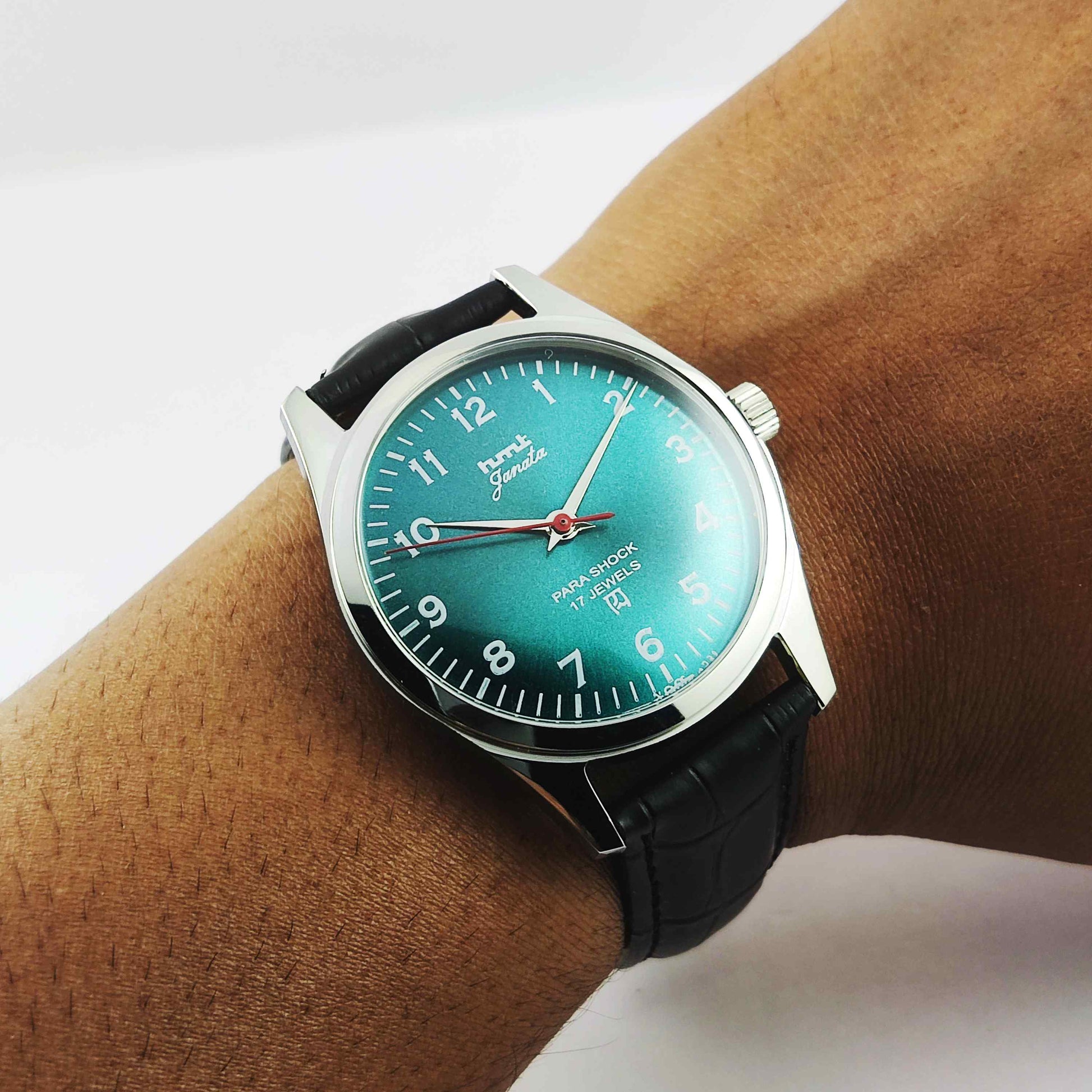 HMT Janata Greenish Blue Dial Para Shock 17 Jewels Transparent Back Mechanical Handwinding Men's Watch 0231 Discover-Diamonds