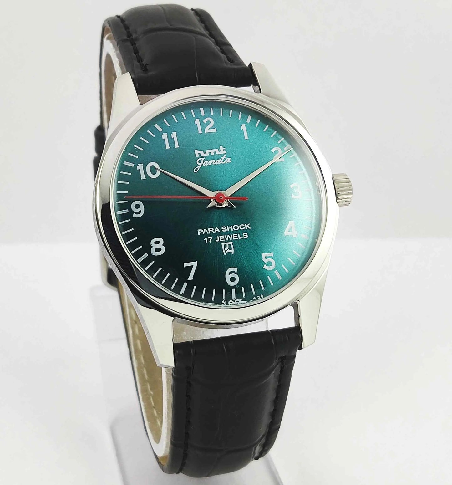 HMT Janata Greenish Blue Dial Para Shock 17 Jewels Transparent Back Mechanical Handwinding Men's Watch 0231 Discover-Diamonds