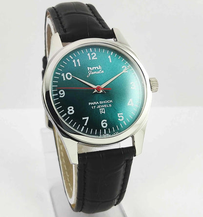 HMT Janata Greenish Blue Dial Para Shock 17 Jewels Transparent Back Mechanical Handwinding Men's Watch 0231 Discover-Diamonds