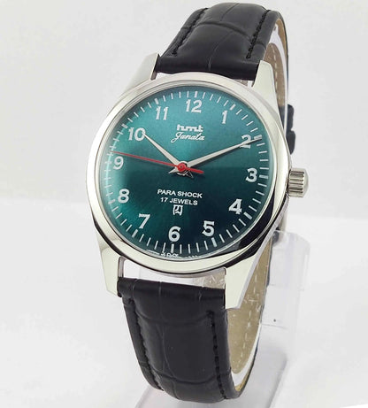 HMT Janata Greenish Blue Dial Para Shock 17 Jewels Transparent Back Mechanical Handwinding Men's Watch 0231 Discover-Diamonds