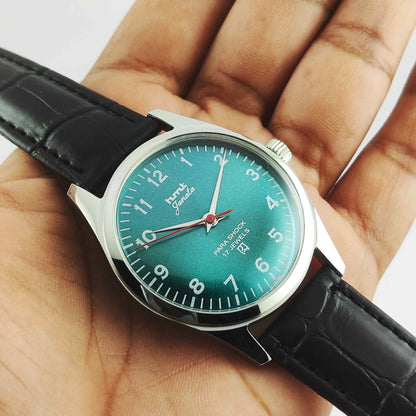 HMT Janata Greenish Blue Dial Para Shock 17 Jewels Transparent Back Mechanical Handwinding Men's Watch 0231 Discover-Diamonds
