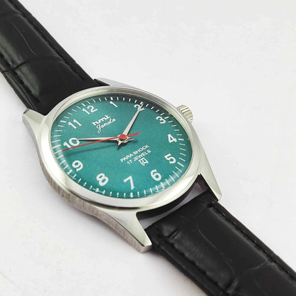 HMT Janata Greenish Blue Dial Para Shock 17 Jewels Transparent Back Mechanical Handwinding Men's Watch 0231 Discover-Diamonds