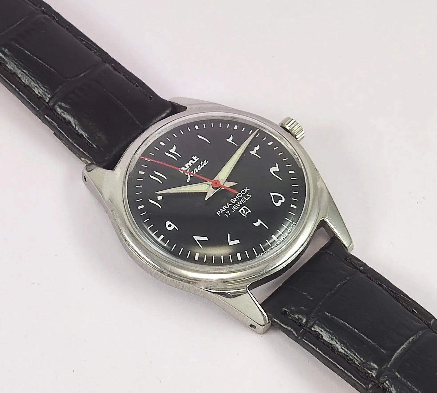 HMT Janata Para Shock 17 Jewels Black Arabic Dial Mechanical Handwinding Men's Wrist Watch Discover-Diamonds