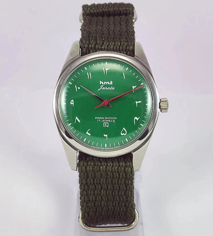 HMT Janata Para Shock 17 Jewels Green Arabic Dial Mechanical Handwinding Men's Wrist Watch Discover-Diamonds
