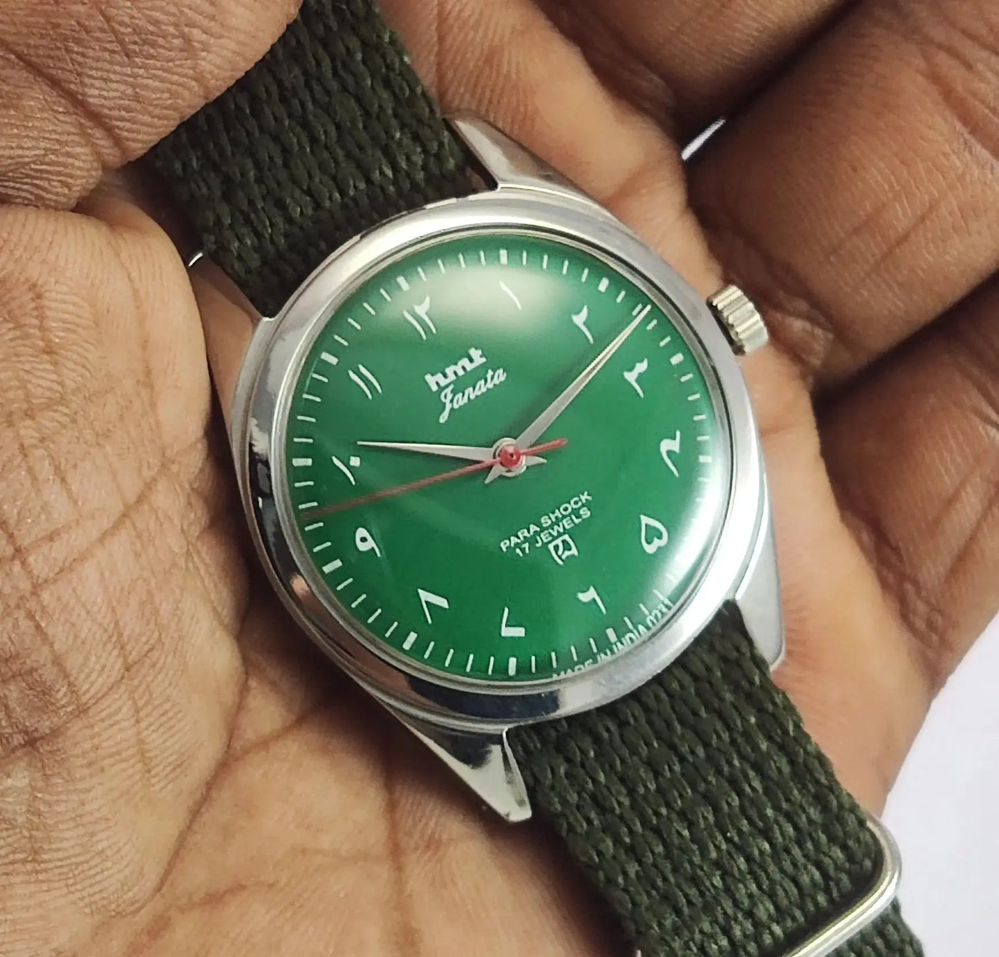 HMT Janata Para Shock 17 Jewels Green Arabic Dial Mechanical Handwinding Men's Wrist Watch Discover-Diamonds
