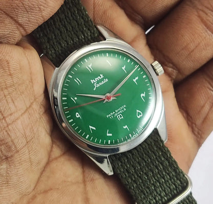 HMT Janata Para Shock 17 Jewels Green Arabic Dial Mechanical Handwinding Men's Wrist Watch Discover-Diamonds