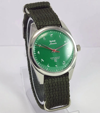 HMT Janata Para Shock 17 Jewels Green Arabic Dial Mechanical Handwinding Men's Wrist Watch Discover-Diamonds