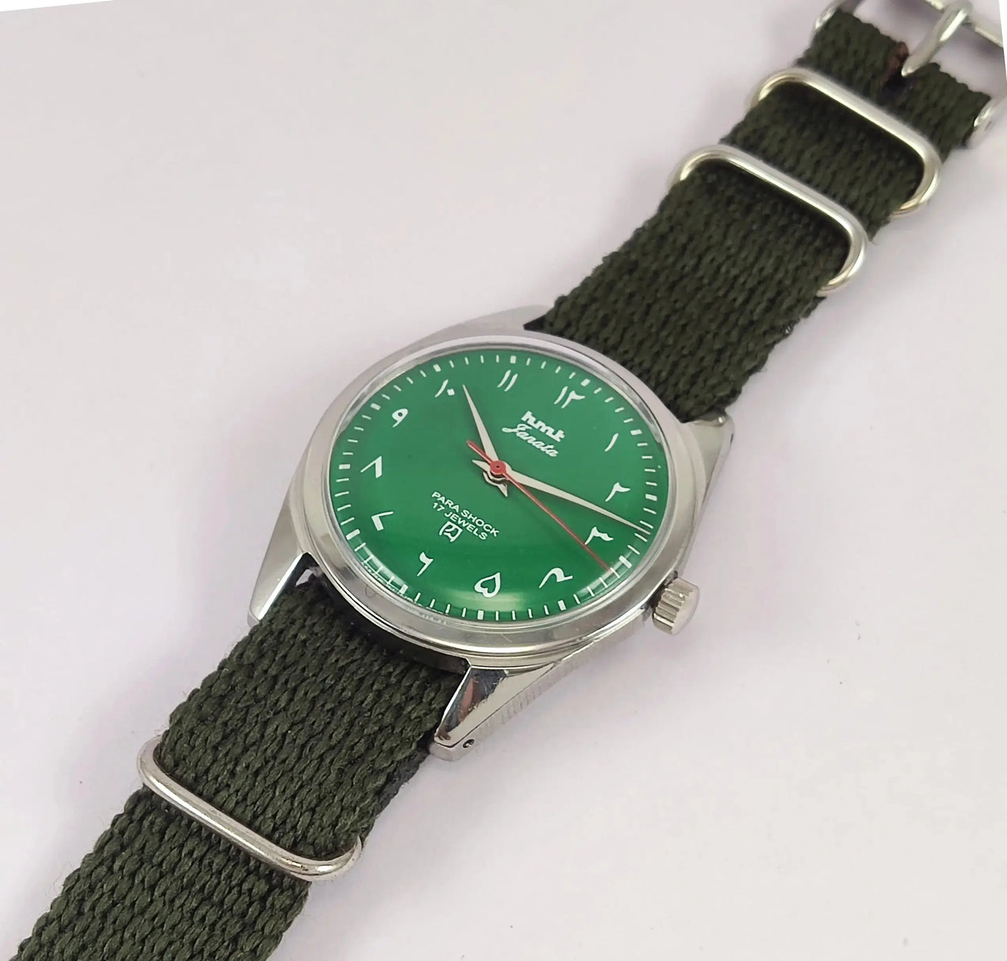HMT Janata Para Shock 17 Jewels Green Arabic Dial Mechanical Handwinding Men's Wrist Watch Discover-Diamonds