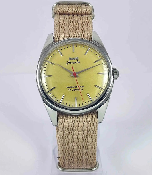 HMT Janata Yellow-Gold Color Dial Para Shock 17 Jewels Mechanical Handwinding Men's Wrist Watch 0231 Discover-Diamonds