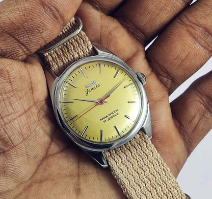 HMT Janata Yellow-Gold Color Dial Para Shock 17 Jewels Mechanical Handwinding Men's Wrist Watch 0231 Discover-Diamonds