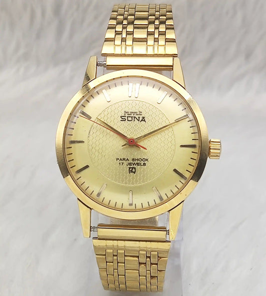 HMT Sona Para Shock 17 Jewels Golden Dial Stick Indices Handwinding Men's Watch Discover-Diamonds Physical