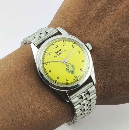 HMT Gandaberunda Kannada Numerals Yellow Dial 17 Jewels Mechanical Men's Wrist Watch 0231 Discover-Diamonds