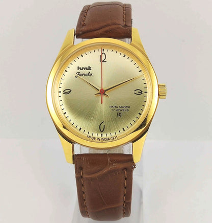 HMT Janata Para Shock 17 Jewels Golden Dial Transparent Back Mechanical Handwinding Men's Wrist Watch 0231 Discover-Diamonds