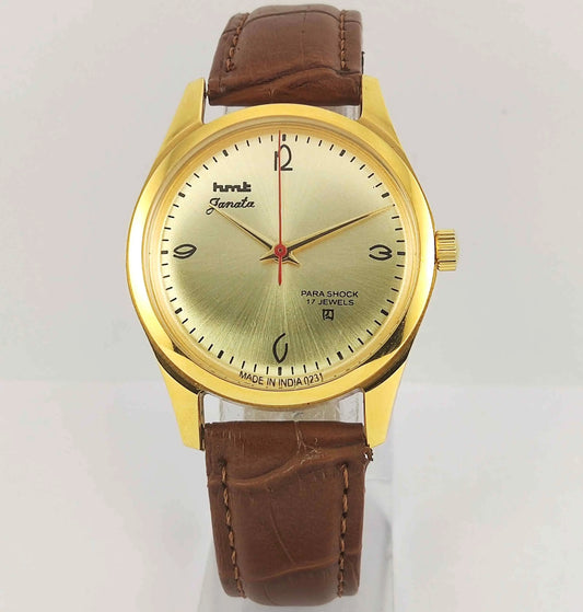 HMT Janata Para Shock 17 Jewels Golden Dial Transparent Back Mechanical Handwinding Men's Wrist Watch 0231 Discover-Diamonds