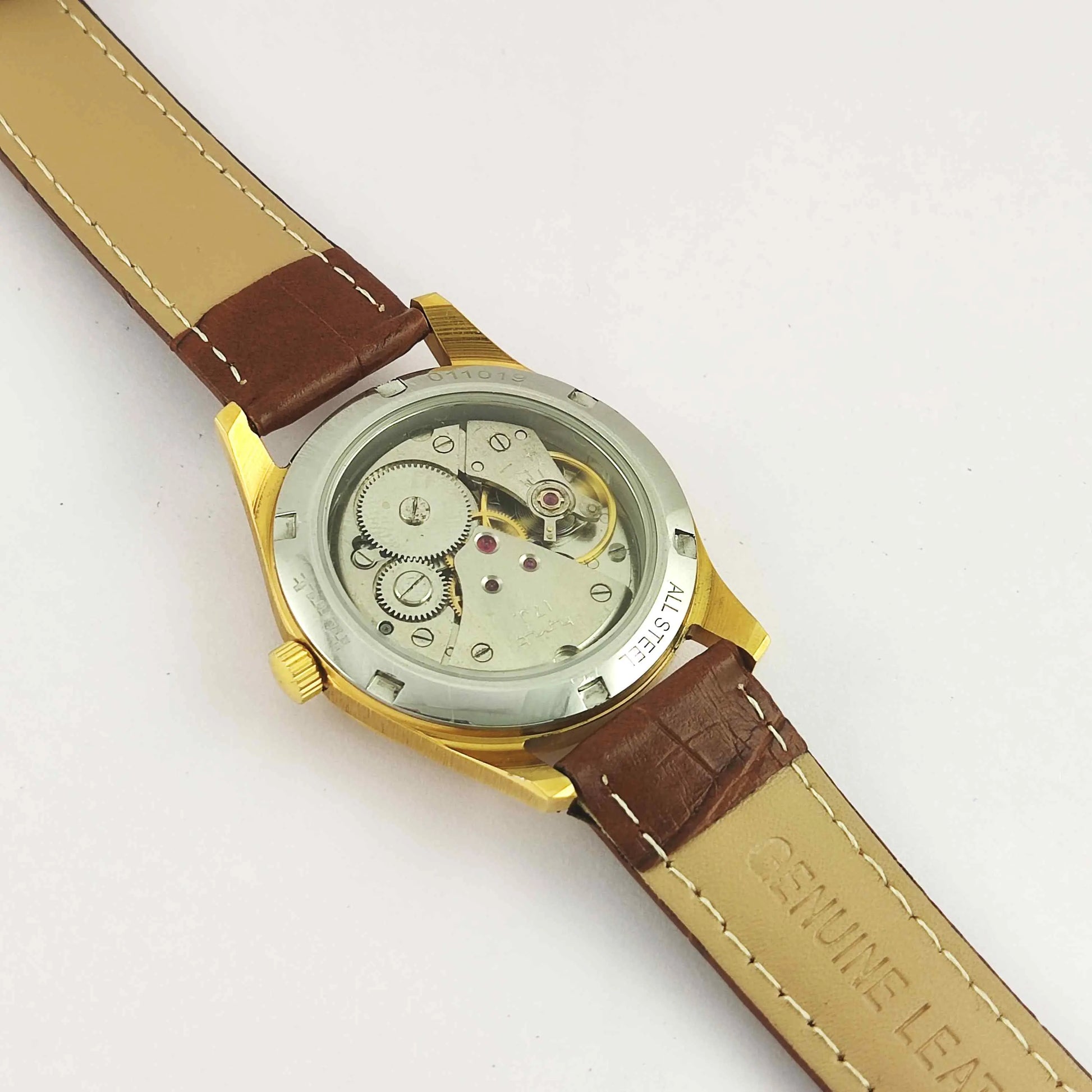 HMT Janata Para Shock 17 Jewels Golden Dial Transparent Back Mechanical Handwinding Men's Wrist Watch 0231 Discover-Diamonds