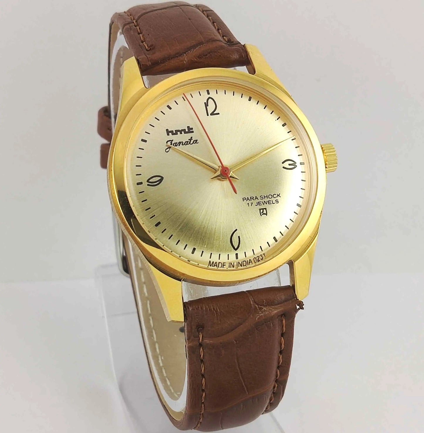 HMT Janata Para Shock 17 Jewels Golden Dial Transparent Back Mechanical Handwinding Men's Wrist Watch 0231 Discover-Diamonds