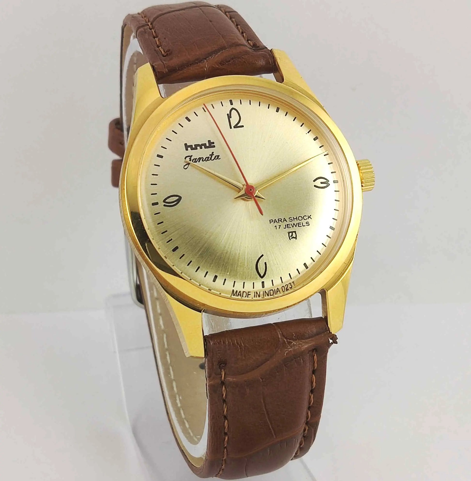 HMT Janata Para Shock 17 Jewels Golden Dial Transparent Back Mechanical Handwinding Men's Wrist Watch 0231 Discover-Diamonds