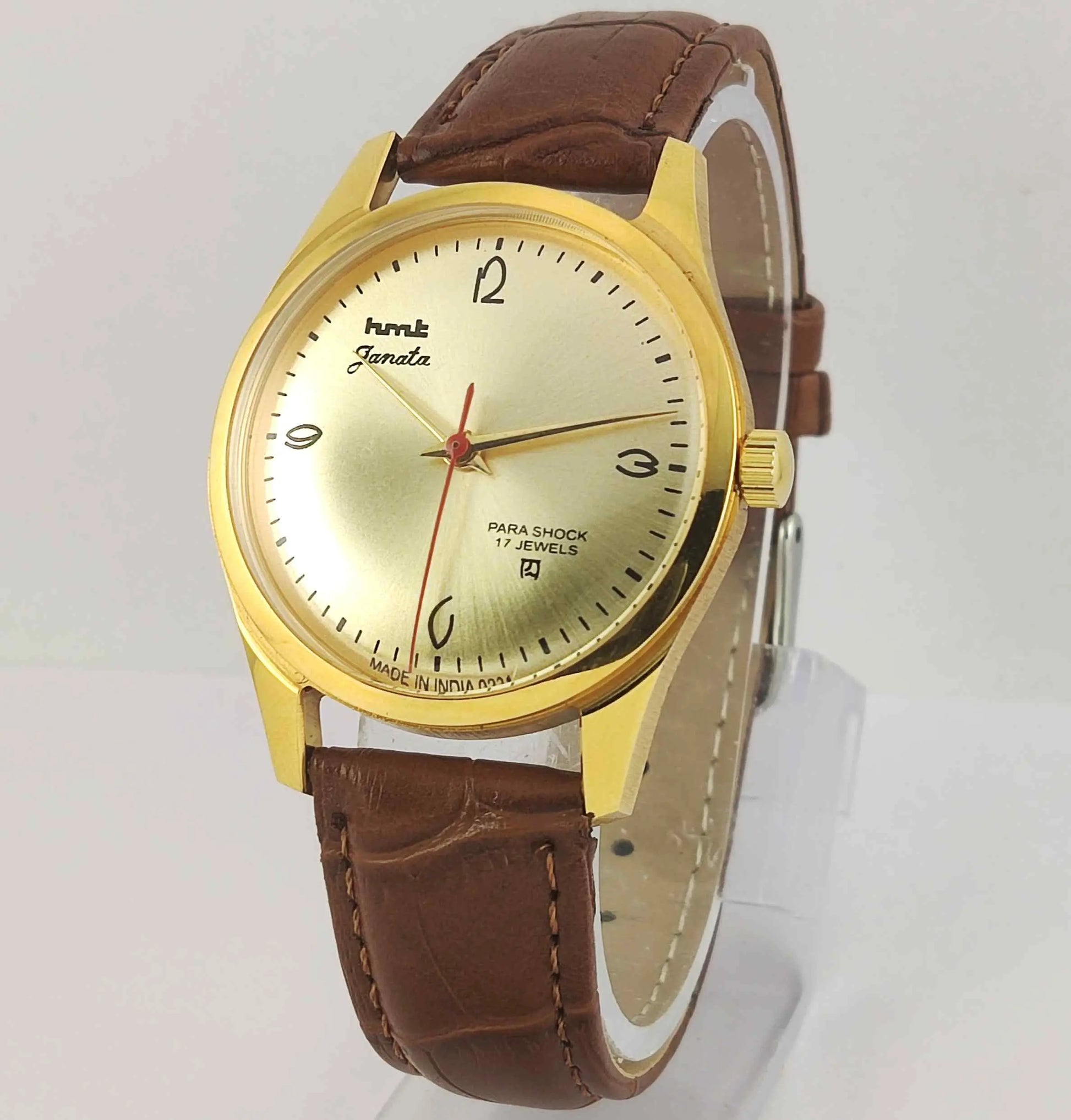 HMT Janata Para Shock 17 Jewels Golden Dial Transparent Back Mechanical Handwinding Men's Wrist Watch 0231 Discover-Diamonds