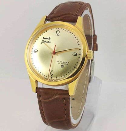 HMT Janata Para Shock 17 Jewels Golden Dial Transparent Back Mechanical Handwinding Men's Wrist Watch 0231 Discover-Diamonds