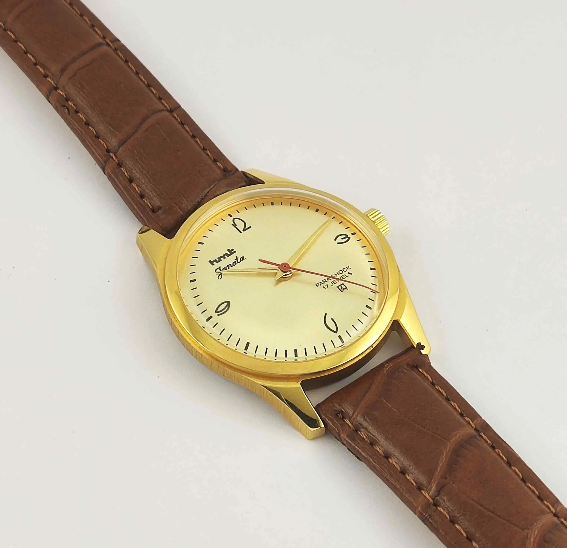 HMT Janata Para Shock 17 Jewels Golden Dial Transparent Back Mechanical Handwinding Men's Wrist Watch 0231 Discover-Diamonds