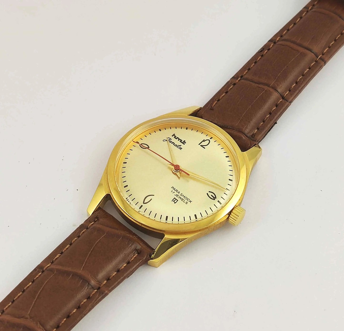 HMT Janata Para Shock 17 Jewels Golden Dial Transparent Back Mechanical Handwinding Men's Wrist Watch 0231 Discover-Diamonds