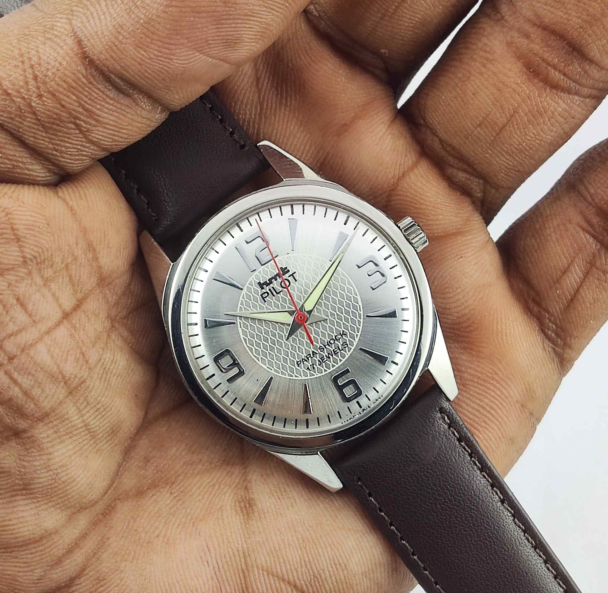 HMT Pilot Para Shock 17 Jewels Silver Dial Handwinding Men's Watch 0231 Discover-Diamonds