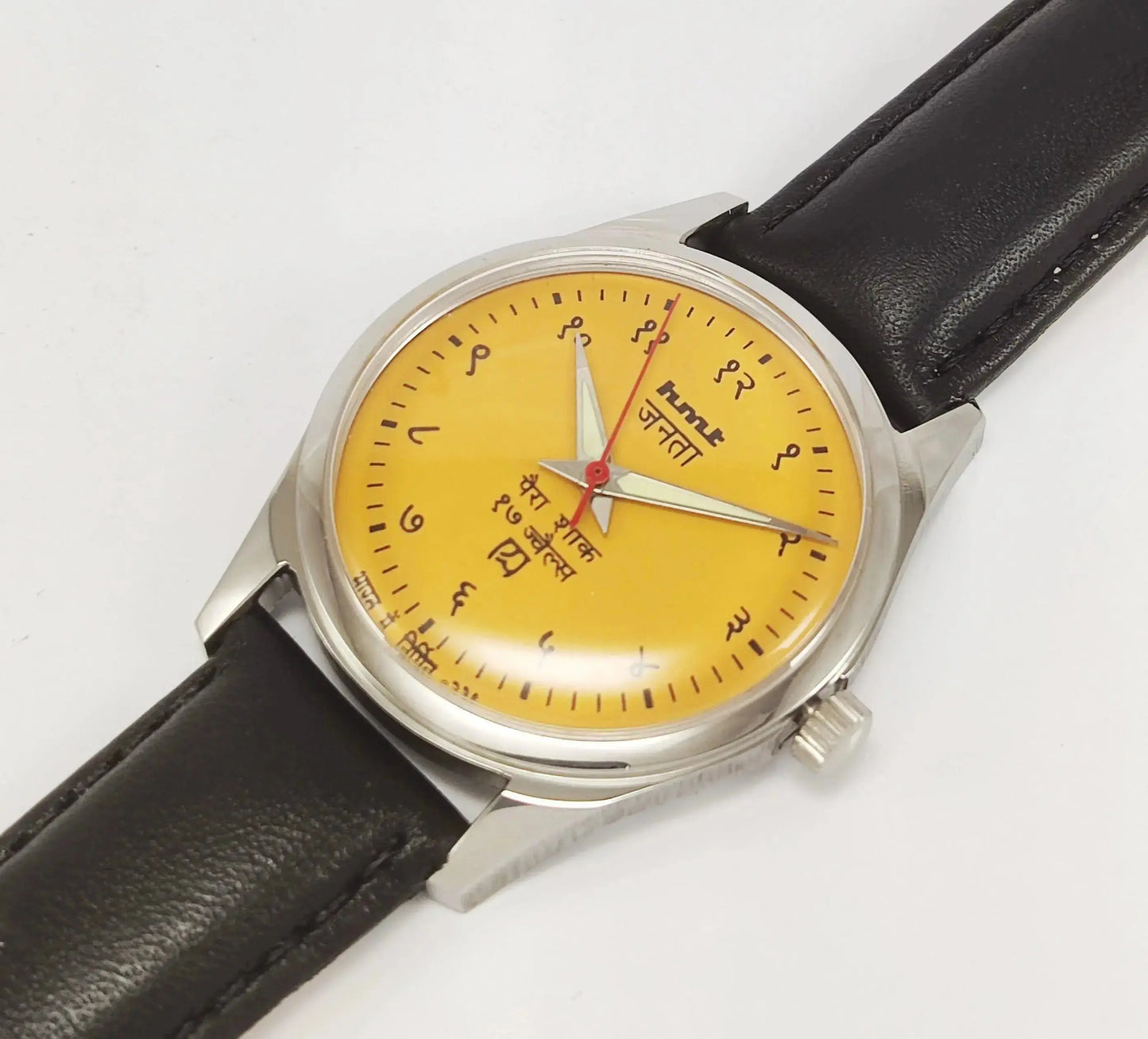 HMT Janata Para Shock 17 Jewels Radium Hands Sun Yellow Devanagari Dial Transparent Back Mechanical Hand winding Men's Wrist Watch - Discover-Diamonds