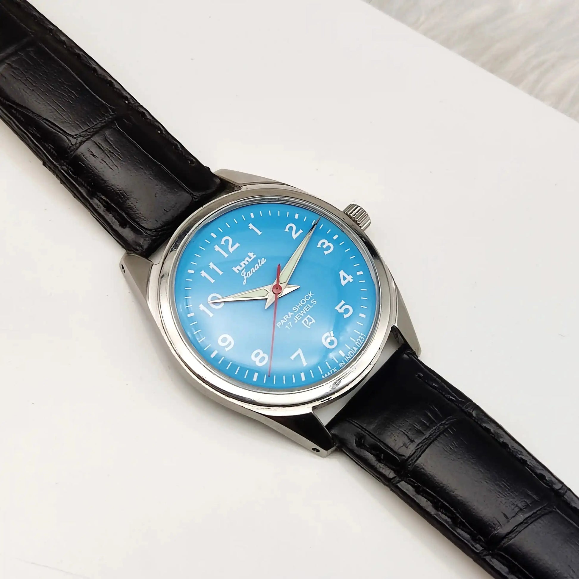 HMT Janata Para Shock 17 Jewels Sky Blue Dial English Font Handwinding Watch
