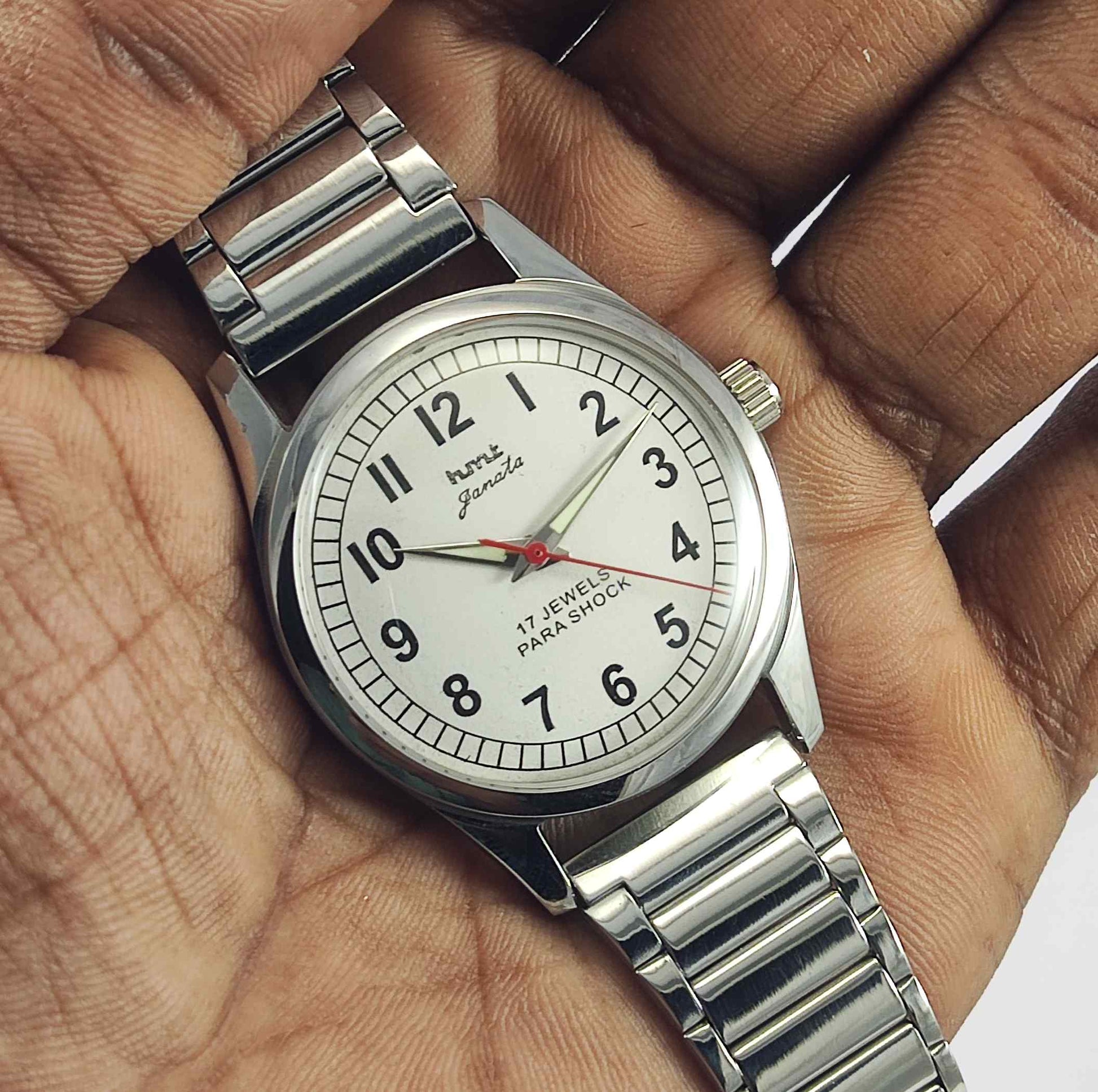 HMT Pilot Para Shock 17 Jewels White Dial Transparent back Mechanical Handwinding Men's Watch 0231 Discover-Diamonds