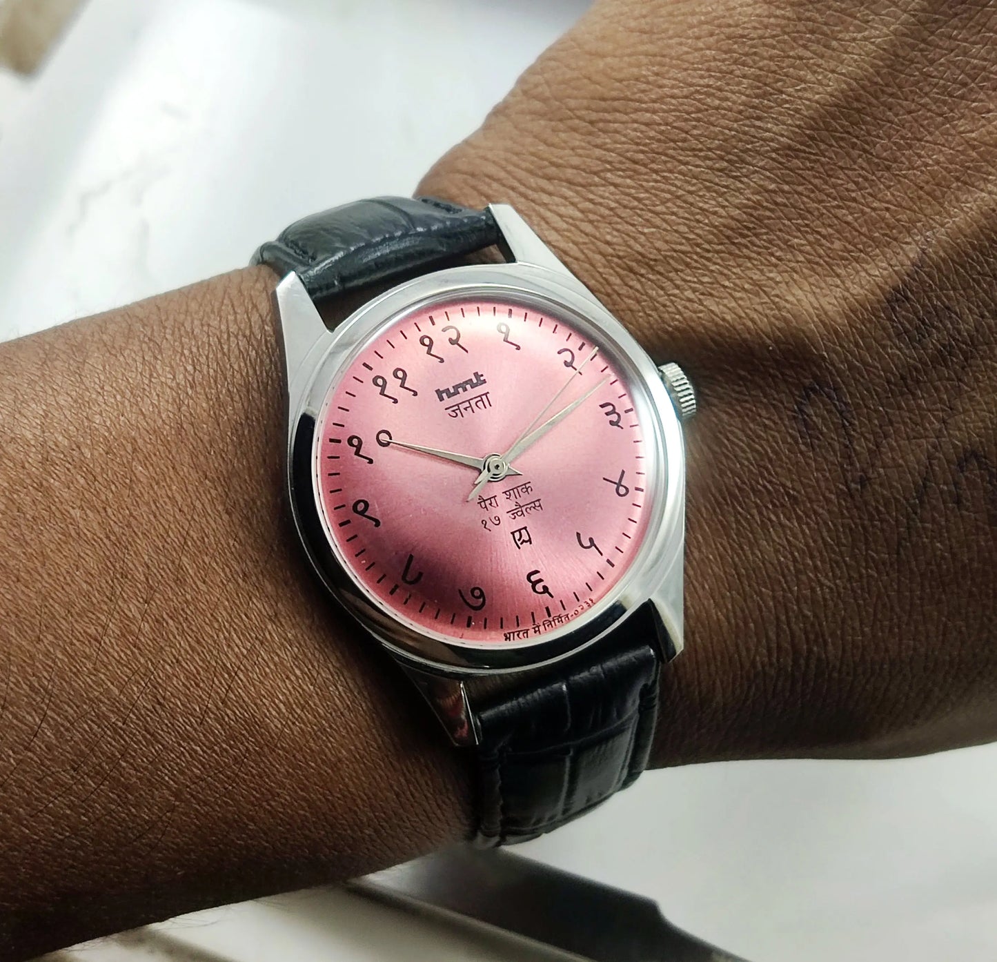 HMT Janata Pink Devanagari Dial Para Shock 17 Jewels Transparent Back Men's Mechanical Watch Discover-Diamonds Physical