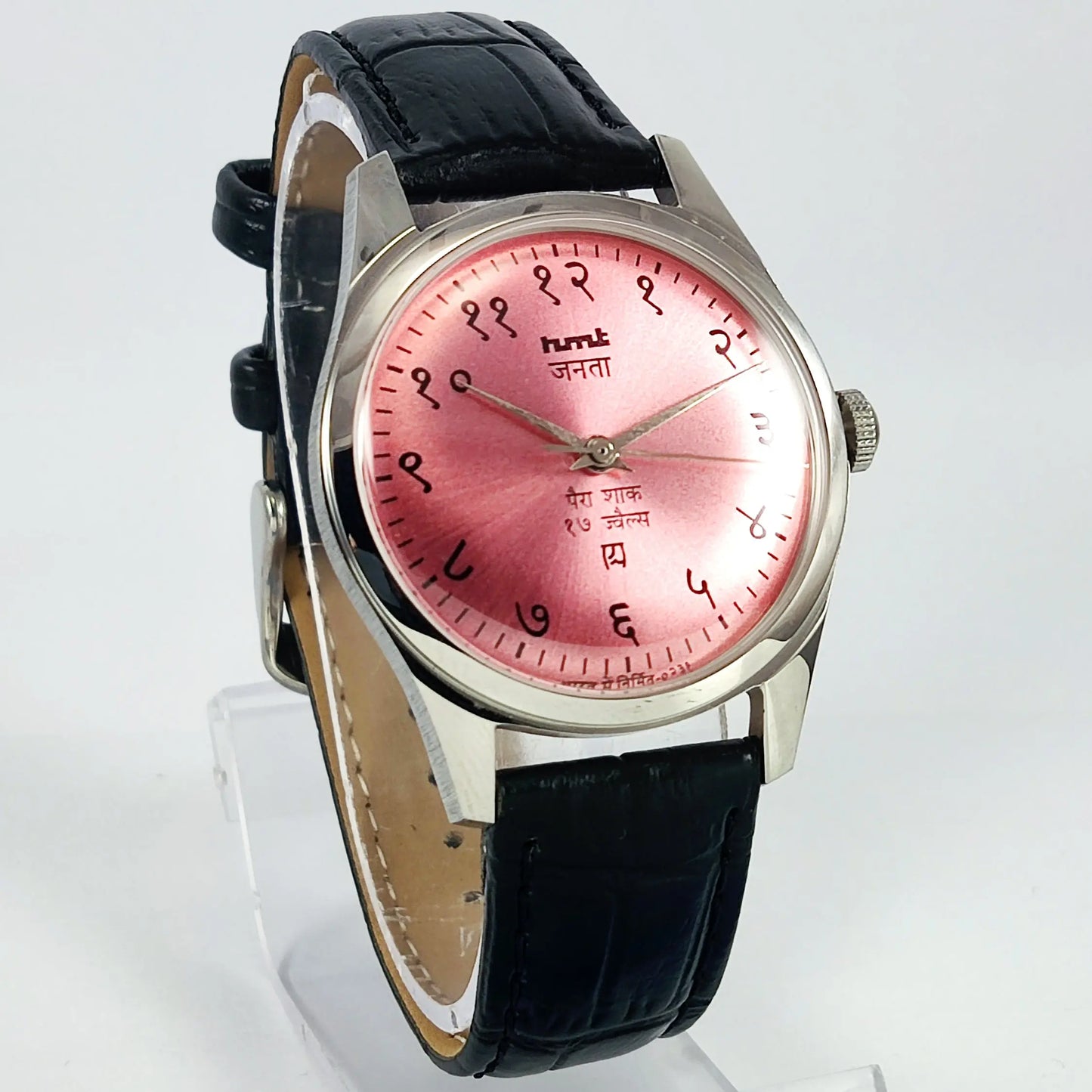 HMT Janata Pink Devanagari Dial Para Shock 17 Jewels Transparent Back Men's Mechanical Watch Discover-Diamonds Physical